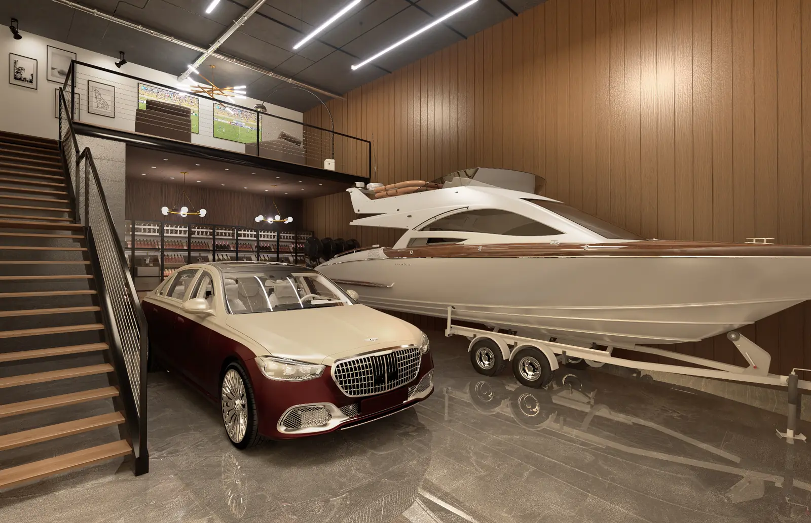 Two-story Excalibur motor condo interior with luxury sedan, yacht and wine wall
