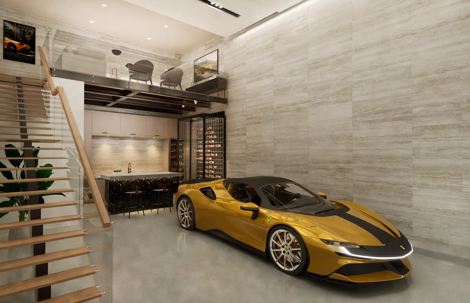 Luxury car condo unit interior with Ferrari, custom kitchen and loft mezzanine — Excalibur Fort Myers