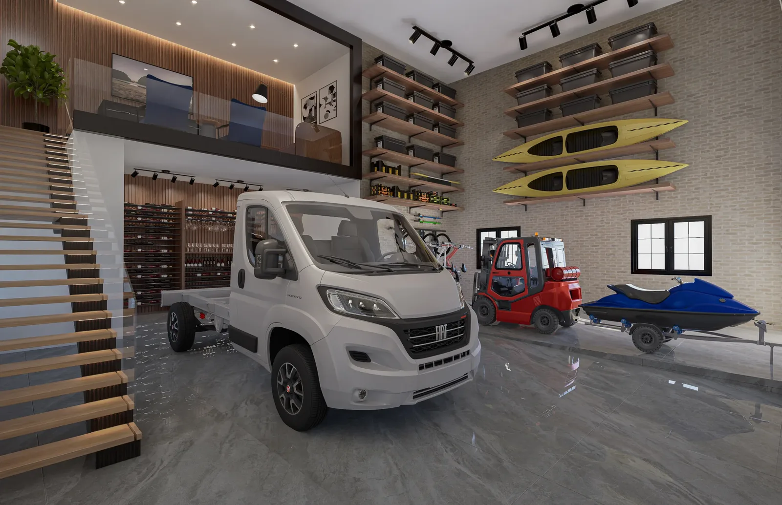 Work truck with wine rack inside a customized Excalibur condo
