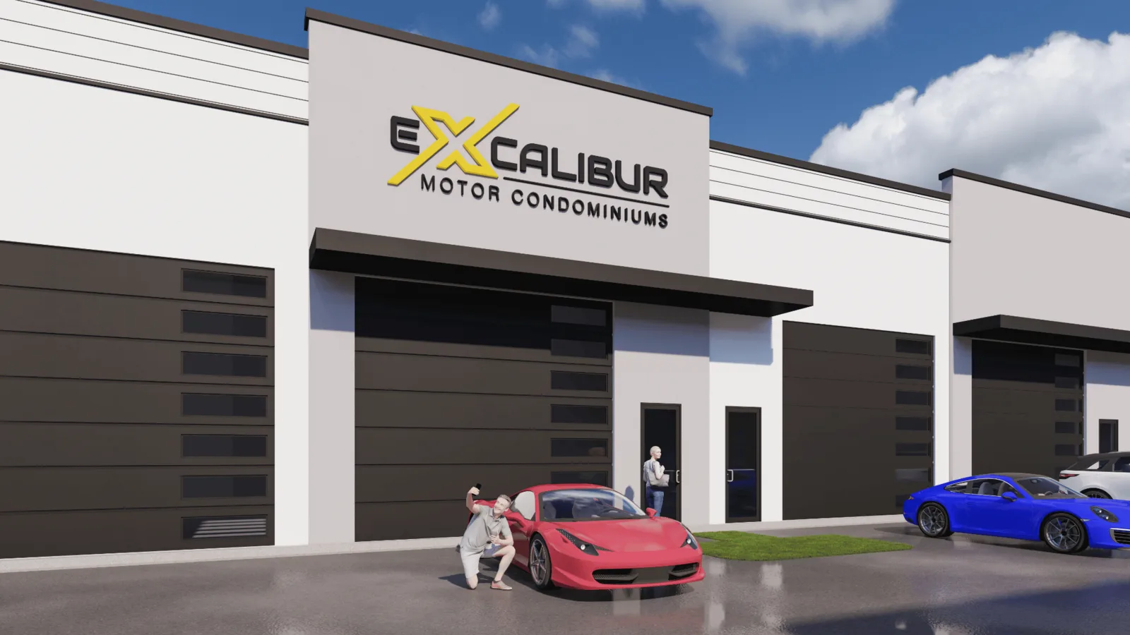 Front exterior of Excalibur luxury motor condominiums on Daniels Parkway, Fort Myers, FL